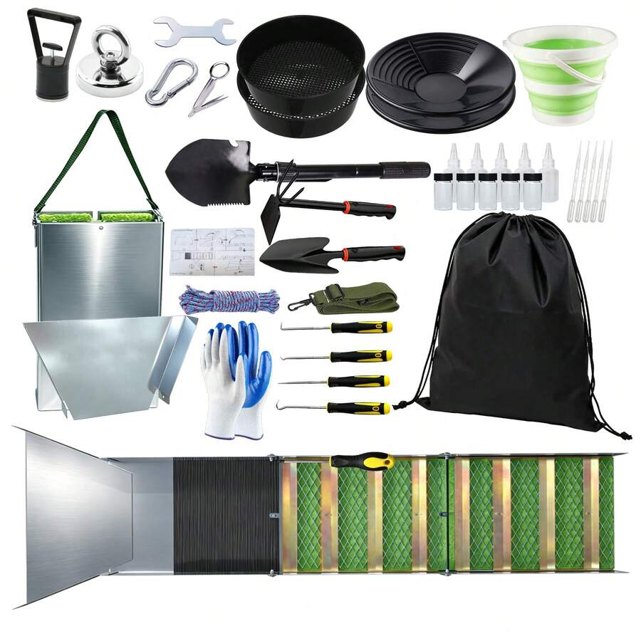 37pcs Complete Gold Panning Kit With 50" Sluice Box For Gold Mining ,Adults Aluminum Alloy Gold Mining Equipment, Includes Gold Pan, Classifier Screen, Separating Magnet And More