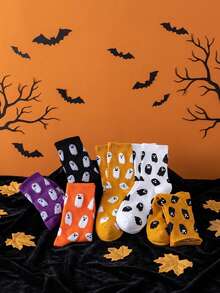 6 pares/4 pares aleatórios/3 pares aleatórios/1 par aleatório de meias de cano médio com estampa fofa de fantasma, meias divertidas e excêntricas para casal, adequadas para fantasias de Halloween - Multicolorido - Visão 9