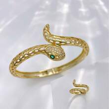 1 peça/Conjunto Pulseira Feminina Dourada Prateada Verde Esmeralda, Bracelete Aberto Ajustável com Zircônia Micro-Incrustada em Formato de Animal, Não Desbota - cobra - Visão 4