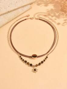 2pcs/Set Vintage Fashion Brown Rope Tiger Eye Stone Beaded Sun Pendant Necklace Set, Classic Versatile Women's Neck Jewelry Suitable For Daily Wear And Vacation Party - Multicolor - View 2