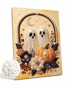 1pc/3pcs Pearl Painting Set Halloween Ghost Round Half Pearl Rhinestone Art Craft For Adults Home Wall Decoration Surprise Holiday Gift, Unframed - No Frame - View 9
