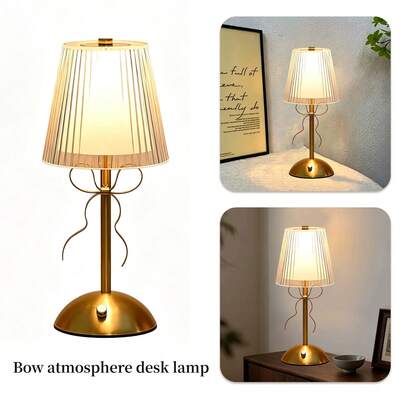 Lámpara de mesa con lazo, linda lámpara de mesa estilo coquette con pantalla de tela, iluminación moderna decorativa para mesa de noche y escritorio, ideal para dormitorio de niña