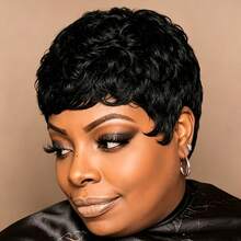 AMECIRE Straight Short Hair Wig Human Hair Wigs Pixie Cut Wig Black Wig With Bangs Fashionable Styling Elastic Mesh Cap Suitable For Everyday Wear - Natural Black - View 3