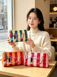 Colorful Striped Beach Makeup Bag With "Hello Gorgeous" Letter, Perfume And High Heel Pattern, Tassel Zipper, Cute Colorful Beach Pattern Decoration, Waterproof PVC Toiletry Bag, Portable Travel Cosmetic Storage Bag, Multi-Functional Toiletry Bag, Vacation Makeup Storage Bag, Perfect For Beach, Pool, Cruise And Holiday Essentials, Birthday Gift, Party Gift, Wedding Gift, Back To School Gift, Travel Souvenir - Multicolor - View 5