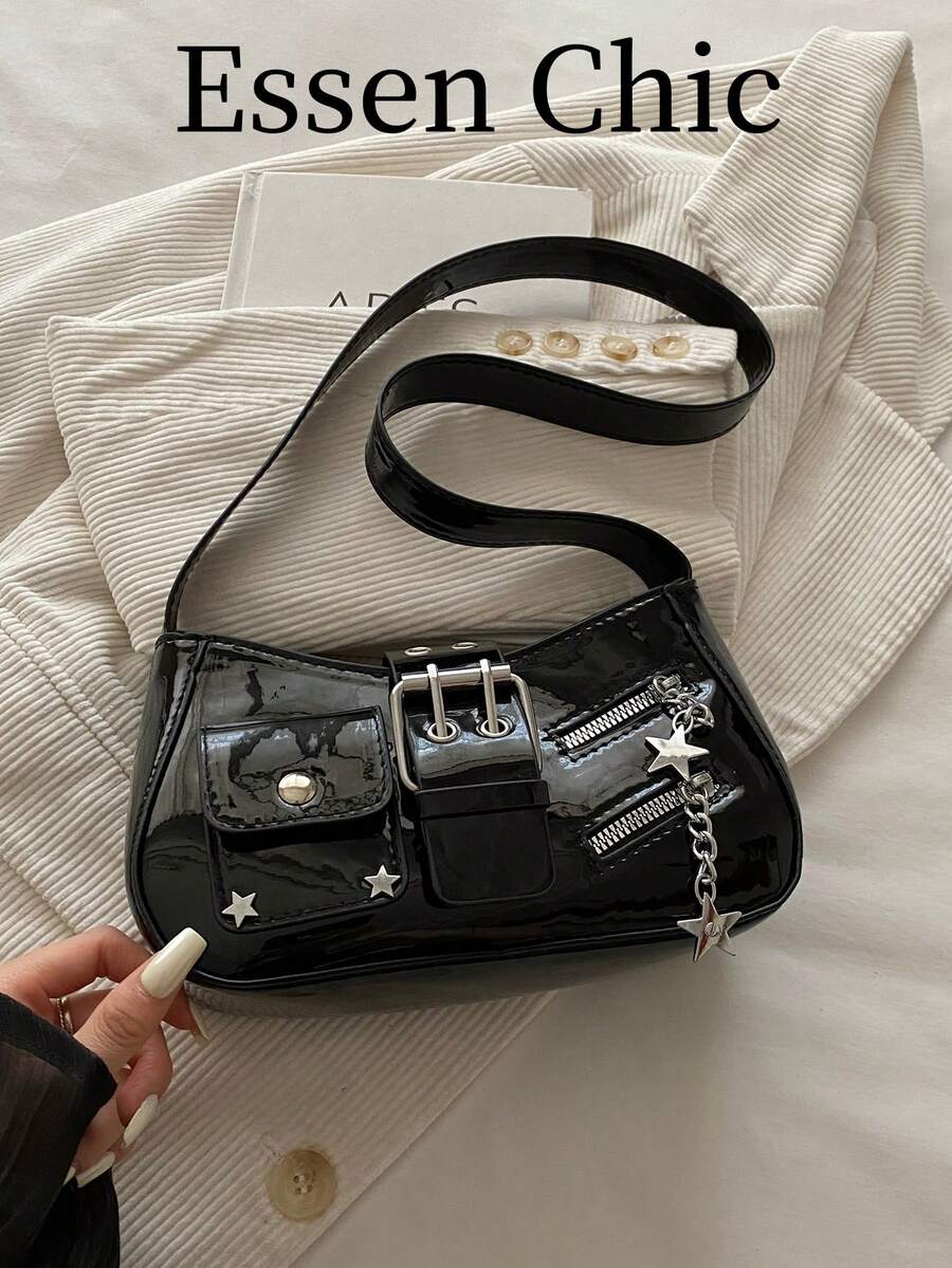 1pc Black Solid Color PU Baguette Shoulder Bag For Women