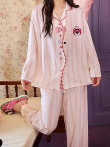 Gongdie 2pcs Disney Women's Pajama Set, Spring/Autumn Striped Soft Pure Cotton Loungewear, Pink Bear Print With Plaid Bow - Beige - View 2