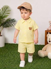 2pcs/Set Toddler Boys Textured Pocket Bear Embroidered Shirt And Shorts Street Fashion Children Outfit - Yellow - View 3