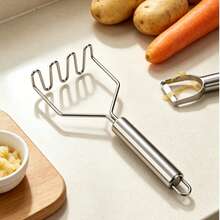 Manual Stainless Steel Potato Masher, Wavy Pressing Structure, Smooth And Fine Texture, Reduces Clumping. Smooth Stainless Steel Surface, Easy To Clean With Water. Ergonomic Cylindrical Handle, Comfortable For Long-Term Use, Hanging Hole For Storage. Suitable For Making Baby Food, Mashed Potatoes, Yam Puree, Fruit Puree, Daily Kitchen Cooking, Western Baking, Compact And Practical Kitchen Tool. - Silver - View 8