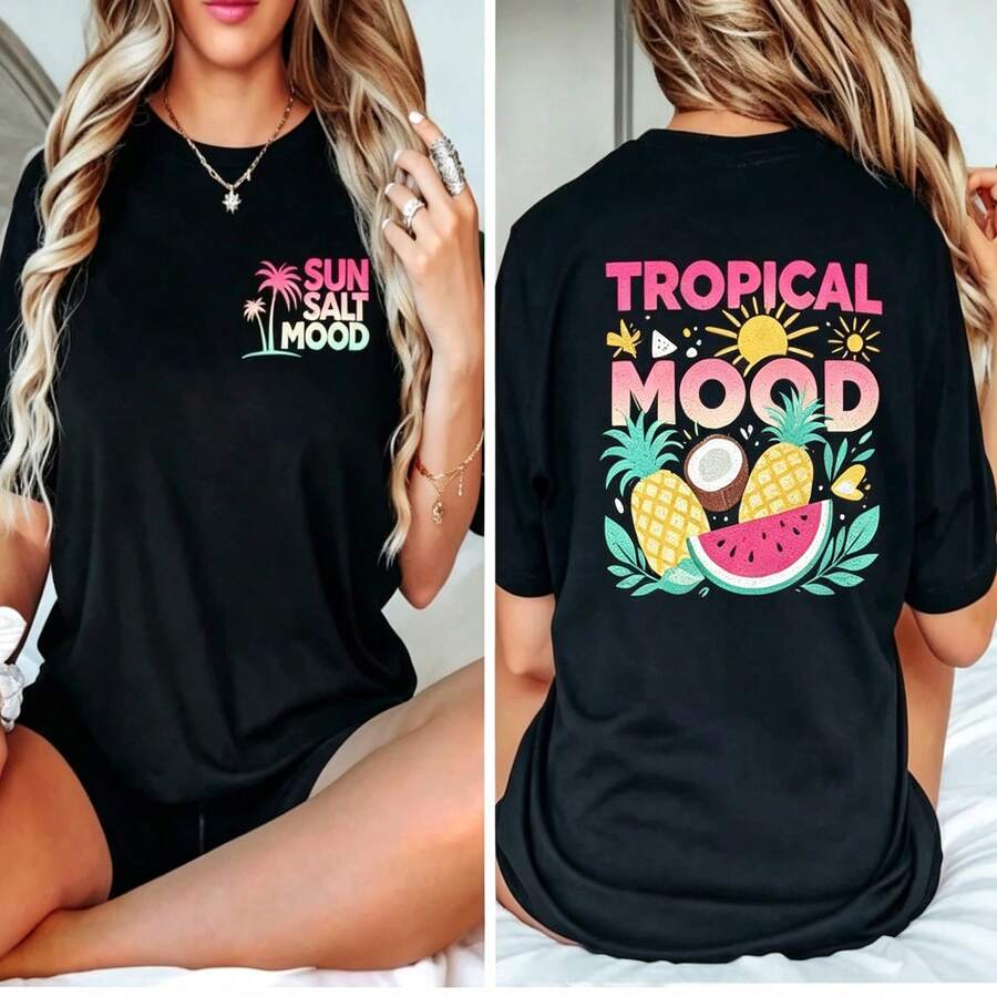 Sun Salt Sand T Shirt Palm Tree Back Graphic Tee Black 100% Pure Cotton Oversized Loose Short Sleeve Summer Vacation Beach Party Tops For Women - 黑色5 - 查看 1
