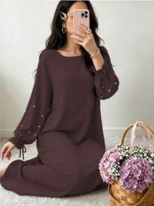 Elegant Double Layer Khimari Long Robe, Pearl Decorated Drawstring Sleeves, Loose Fit Modest Long Dress, Suitable For Middle Eastern Women - Multicolor - View 14
