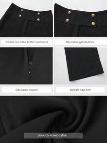 ROSIE POPHUB Women's Black Elegant Mid Waist Wide Leg Pants, Slim Fit Button Decor Office Trousers, Commute Daily Bottoms For Fall & Winter - Black - View 11