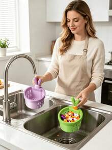 Rabbit Ear Shaped Detachable Sink Strainer, Multi-Functional Hanging Sink Basket, Self-Cleaning Anti-Clogging Mesh Filter, Suitable For Kitchen And Bathroom Sinks, Button-Type Sink Filtration Basket - Automatic Food Waste Drainage Basket, Non-Slip Plastic Drainage Basket, Adjustable Wet-Dry Separation Filter, Suitable For RV And Outdoor Use, Multi-Functional Sink Strainer - Model a - View 3