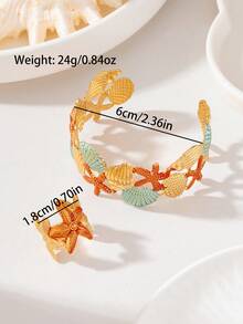 2pcs Ocean Starfish Shell Jewelry Set, Gradient Enamel Open Cuff Bracelet, Adjustable Ring, Beach Accessories - Colorful - View 2