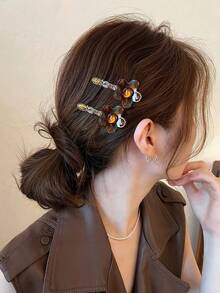 2PCS French Vintage Acetate Flower Rhinestone Hair Clips For Women, Side Bang Clip, Elegant, Fashion, Graceful, Gentle, Suitable For Daily Wear, Party, Evening Ball, Event, Festival, Gift Hair Accessory For Girls - Brown - View 3