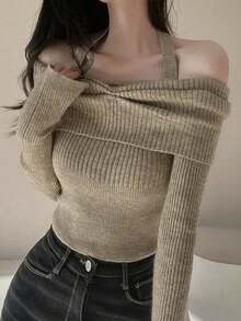 Off-Shoulder Long Sleeve Top, Niche Design, Slimming Short Cropped Halter Neck Sweater - Oatmeal - View 3