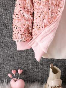 Girls' Autumn/Winter Fashion Sequin Plush Fabric, Thick Soft Warm Comfortable Plush Lining, Hooded Zipper With Ribbed Cuffs, Sweet Cute Fleece Jacket - Pink - View 5