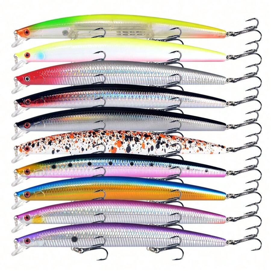 10pcs Long Floating Minnow Lure Set, Long Cast Bionic Hard Fishing Lures For Sea Bass, Amur Carp, Freshwater And Saltwater - Multicolor - View 1