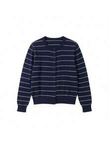 Korean Style Striped Knit Cardigan, Autumn Casual Short Length Long Sleeve Thin Cardigan Sweater, Women's Open Front Jacket - Navy Blue - View 9