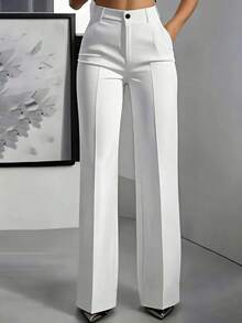 Plus Size Solid Color Button Pocket Zipper Office Pants Spring White - White - View 1