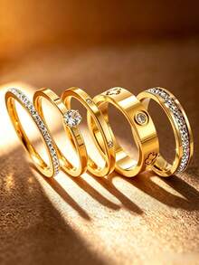 5pcs Stainless Steel Clover Ring Set, Waterproof And Colorfast, Elegant And Luxurious Gift For Women's Daily Wear, Parties And Banquets, Wedding Ring - Gold - View 5
