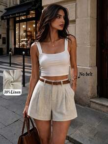 Shorts casuales de mujer de mezcla de lino con pliegues en línea A, primavera/verano, estilo sin esfuerzo - Beis - Ver 4