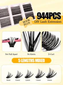 944 Clusters Large Capacity Lash Book, 30D/40D/50D Fluffy D Curl Individual Lashes, 8-16mm Natural Dense Lash Extensions, Waterproof Soft False Lashes With Glue, Tweezers & Remover For Home DIY Makeup,Lash Clusters Kit,Glue And Seal,Manga Lashes - Black - View 6