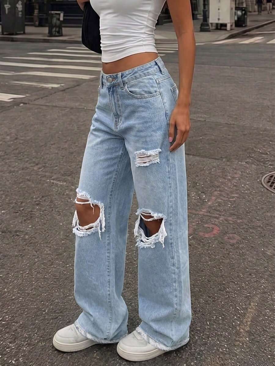Pantalones rectos de mezclilla sin estiramiento con roturas para mujer, lavado claro, adecuados para uso casual y de fiesta en otoño