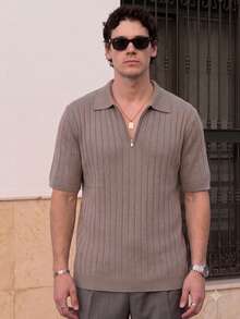 Lookun Men's Knitted Polo Shirt Short Sleeve Vertical Ribbed Italian Retro Half-Zip Luxury Casual Knit Top Spring Summer - Brown - View 2