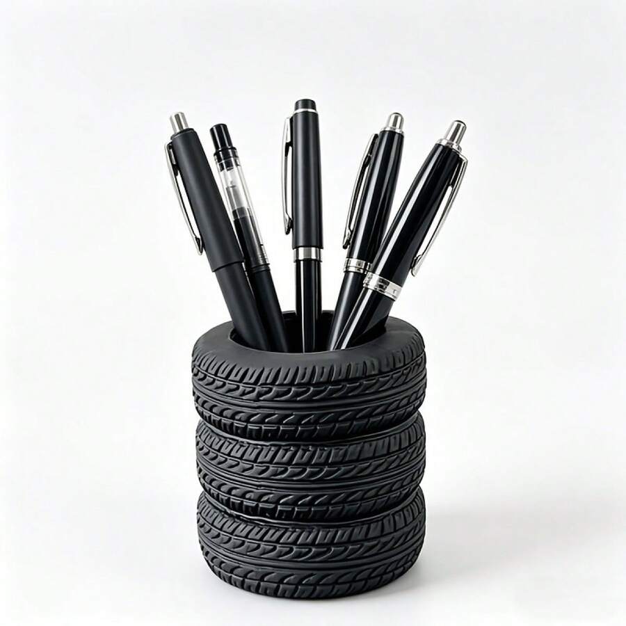 1pc Creative Realistic Tire Shaped Pen Holder, Car Enthusiast Desk Accessory, Personalized Desktop Storage Bucket, Stationery Office Organizer Decor