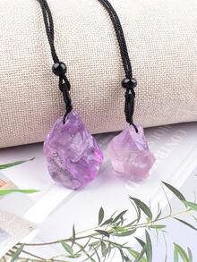 1pc Asymmetrical Natural Crystal Pendant Necklace With Adjustable Braided Rope Neck Chain, Amethyst & Aquamarine Healing Stone Decorative Jewelry, Unisex Gift - Light Amethyst Pendant - View 4