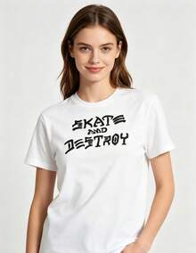 White Crew Neck Bold Street Letter Print Unisex Daily Skate Culture Tops Lightweight Basic Cotton Fashion Top - 白色 - 查看 3