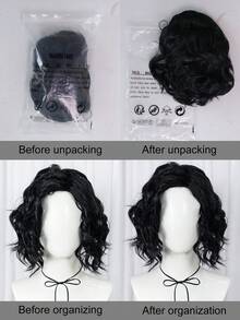 Men Layered Black Medium Wavy Synthetic BOB Wig, Natural Loose Curly Shoulder Length Costume Wig For Halloween, Cosplay, Themed Party & Fancy Dress Outfit - Multicolor - View 8