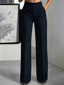 Pantalones de oficina de unicolor con bolsillo y botón para mujer de talla grande, primavera - Azul Marino - Ver 1