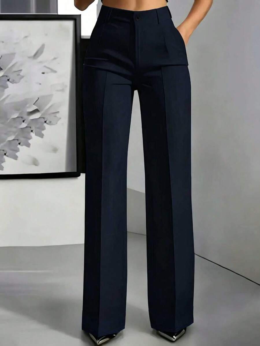 Pantalones de oficina de unicolor con bolsillo y botón para mujer de talla grande, primavera - Azul Marino - Ver 1