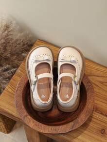 Girls' British Style Leather Shoes, T-Strap Brogue Carved Design, Versatile Student Shoes For Spring And Autumn - White - View 5