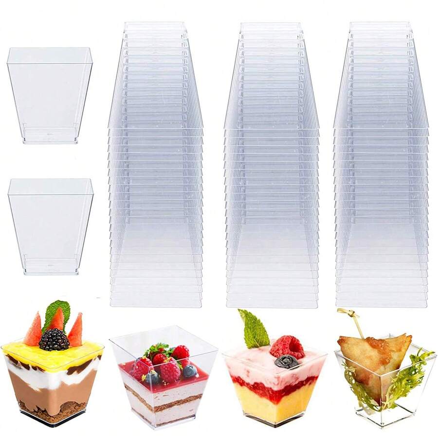 25/50/100pcs 2oz/60ml Clear Plastic Mini Dessert Cups With Spoons, Mini Square Dessert Bowls, Suitable For Appetizers, Tasting
