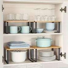 1pc Adjustable Stackable Storage Rack, Multi-Functional Wooden Storage Shelf, Suitable For Kitchen Countertop, Seasoning, Bathroom And Storage Room, Space-Saving Gift For Home Storage Enthusiasts And Cooking Lovers - Black - View 2