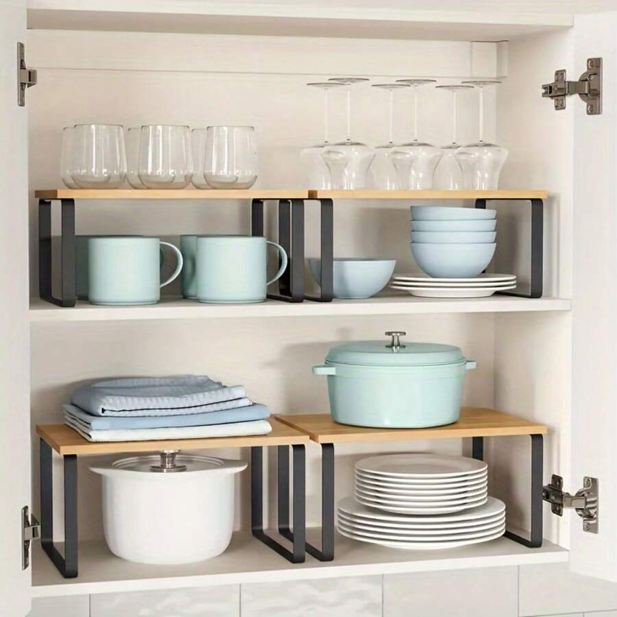 1pc Adjustable Stackable Storage Rack, Multi-Functional Wooden Storage Shelf, Suitable For Kitchen Countertop, Seasoning, Bathroom And Storage Room, Space-Saving Gift For Home Storage Enthusiasts And Cooking Lovers - Black - View 1