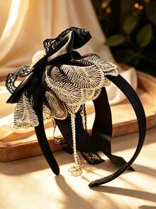 1pc Women's Black Peacock Embroidered Lace Satin Small Flower Bow Rhinestone Chain Oversized Lace Square Pearl Headband, Elegant For Daily, Party, Performance, Vacation - Multicolor - View 4
