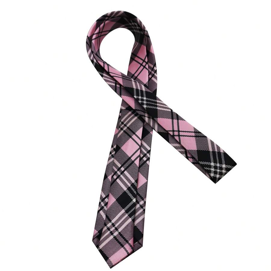 1pc Unisex Pink Plaid Casual Fashion Necktie, Suitable For Stage, Party, Performance, Valentine's Day Gift Or Daily Accessory - Baby Pink - View 1
