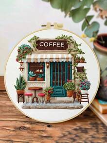1 buah, ukuran 20*20cm/7.9*7.9in, Perlengkapan Bordir Kedai Kopi, Set Bordir Buatan Tangan DIY untuk Pemula Dewasa, Hadiah Rumah, Hadiah Menjahit Wanita, Termasuk Panduan Pengguna, Kain Pola Cetak, Bingkai Bordir, Jarum dan Benang. - Kedai kopi - View 6