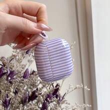 Funda para auriculares con diseño minimalista a rayas rosas + juego de anillo colgante compatible con Apple Pro 2/ Pro/ 4/ 3/ 2 - Púrpura malva - Ver 1