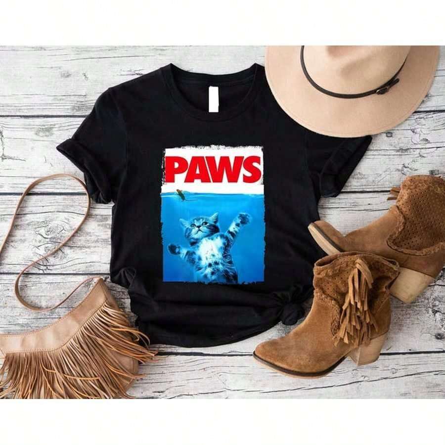Conjuntos de Verano para Hombre, Camiseta con Parodia de Patas de Gato, Camiseta Divertida con Diseño de Película, Tops para Mujer - Negro - Ver 1