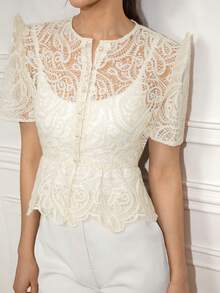 Blusa de estilo francés versátil con volantes de encaje y botones de perlas falsas - Beis - Ver 4