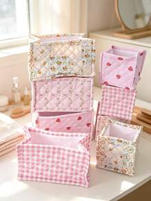 1pc Beautiful Quilted Desktop Storage Basket, Desktop Clutter Organizer, Lipstick Makeup Brush Skincare Product Storage Basket, Desktop Decor, Makeup Organizer Box, Used For Organizing Makeup Brushes And Skincare Products - Multicolor - View 4