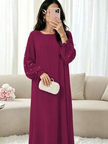 Elegant Double Layer Khimari Long Robe, Pearl Decorated Drawstring Sleeves, Loose Fit Modest Long Dress, Suitable For Middle Eastern Women - Multicolor - View 26