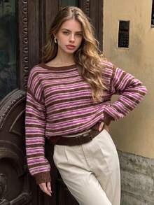 Women's Brown Pink White Colorblock Striped Knit Sweater, Vintage Round Neck Raglan Long Sleeve Loose Soft Short Pullover Top, Knit Sweater For Women - Brown - View 3