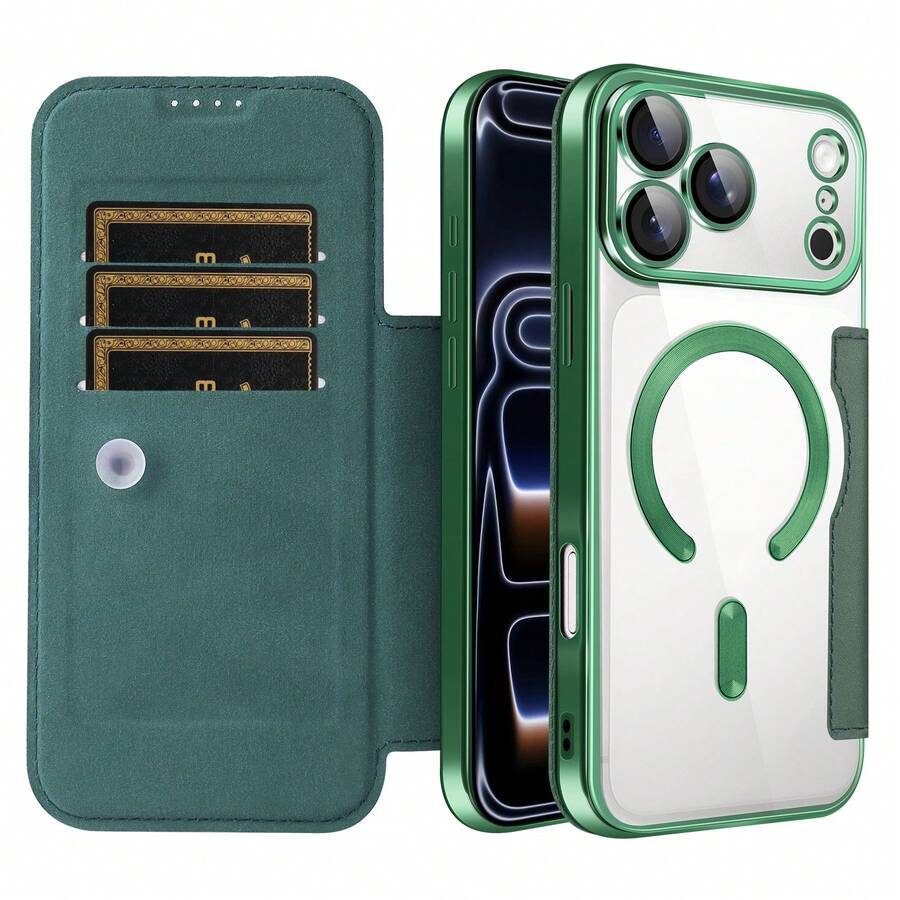 1件 Apple 17 Pro Max 翻蓋全包覆手機殼 A56 磁吸透明保護套，附卡槽防摔皮革殼