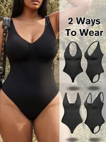 1pc Plus Size Women's Seamless Tummy Control Shapewear, 2 Ways To Wear, Detachable Straps, One-Piece Thong Bikini Style, Strapless Bandeau Bodysuit - Black - View 6