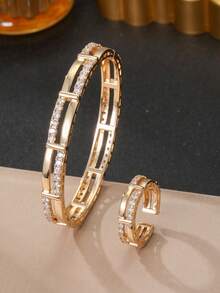 Double Row Cubic Zirconia Women's Bracelet & Ring Set, Gold And Silver Color Options, Rust-Resistant, Suitable For Daily Wear, Parties And Evening Events - Dual Row 2.0 - View 4